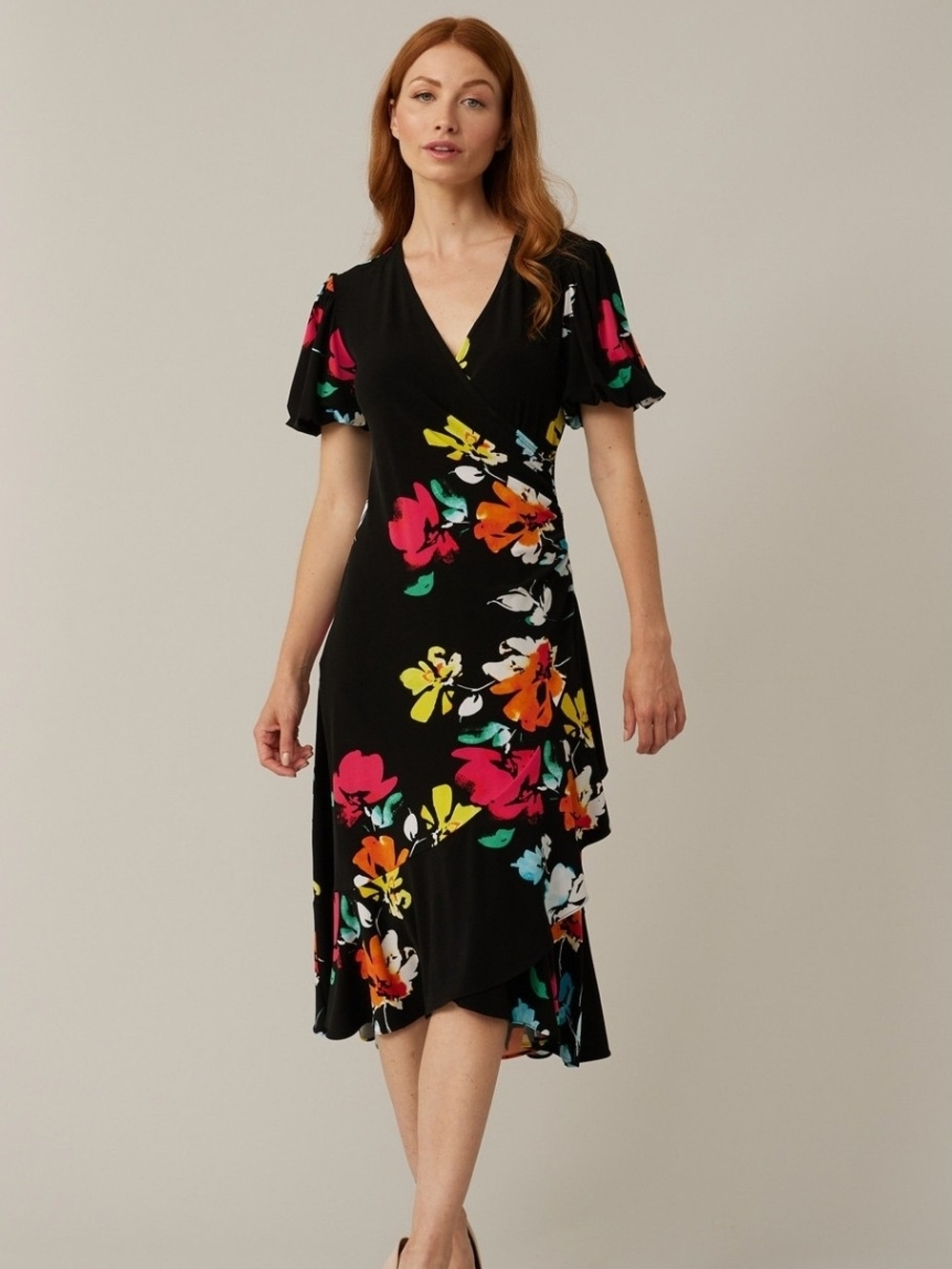 Joseph Ribkoff Black Wrap Midi Dress with Bright Floral Print